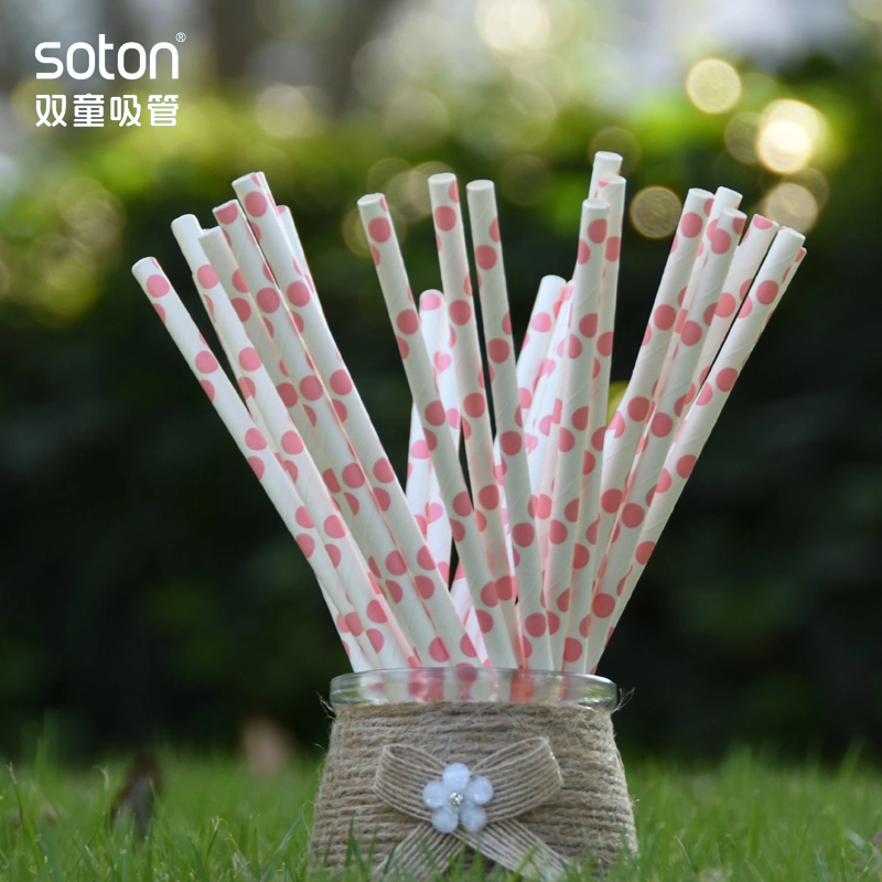 Party Decoration Disposable Pink DOT Straight Paper Drinking Straw