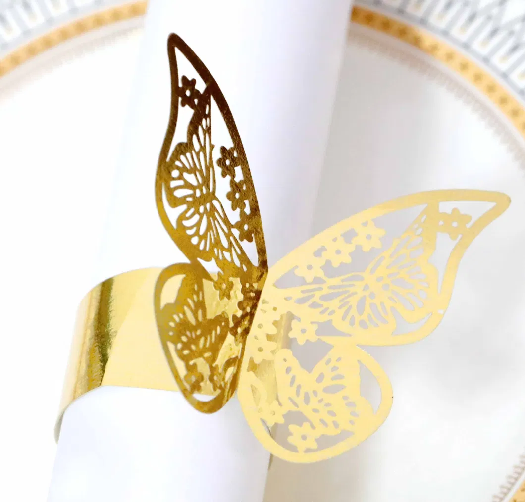 Custom Wholesale DIY Laser Hollow Butterfly Napkin Rings Golden Paper Buckle Towel Table Decoration Wedding Bows Tablecloth Napkin Rings