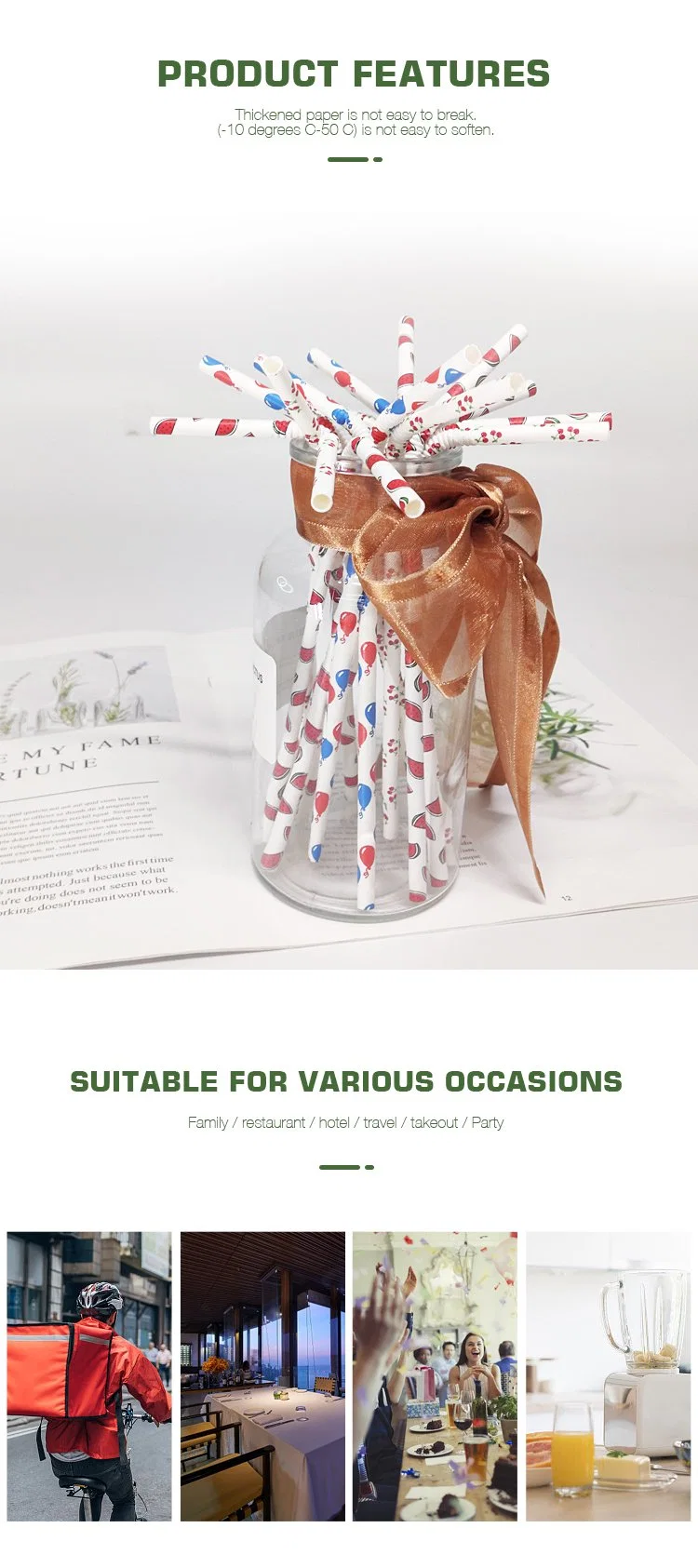 U Shape Folded Custom Printing Disposable Paper Straw Accept Individual Wrap