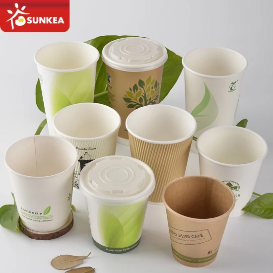 Sunkea Takeaway Disposable Biodegradable Custom Printed Drinking Cup Coffee Paper Cup